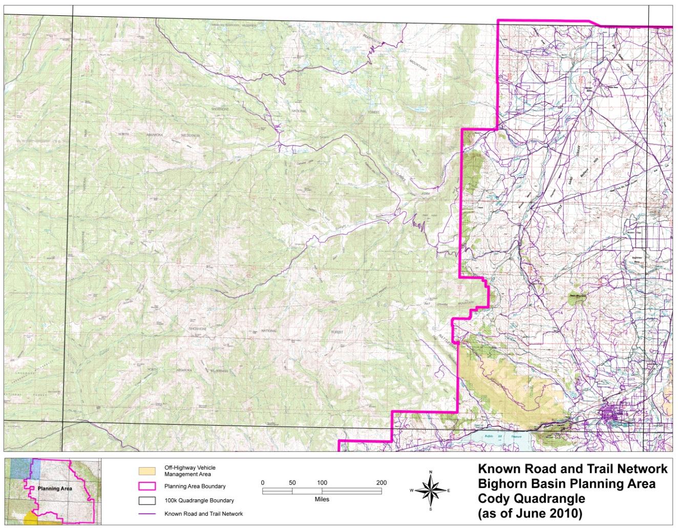 Known Road and Trail Network Bighorn Basin Planning Area, Cody Quadrangle