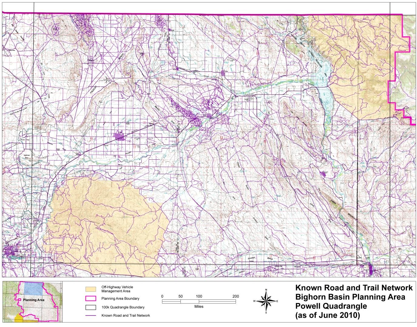 Known Road and Trail Network Bighorn Basin Planning Area, Powell Quadrangle