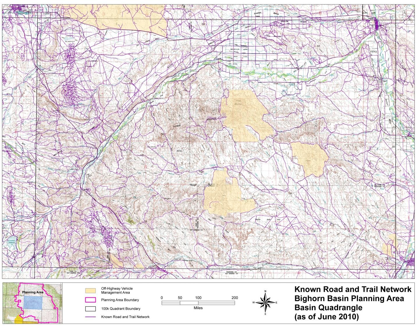 Known Road and Trail Network Bighorn Basin Planning Area, Basin Quadrangle