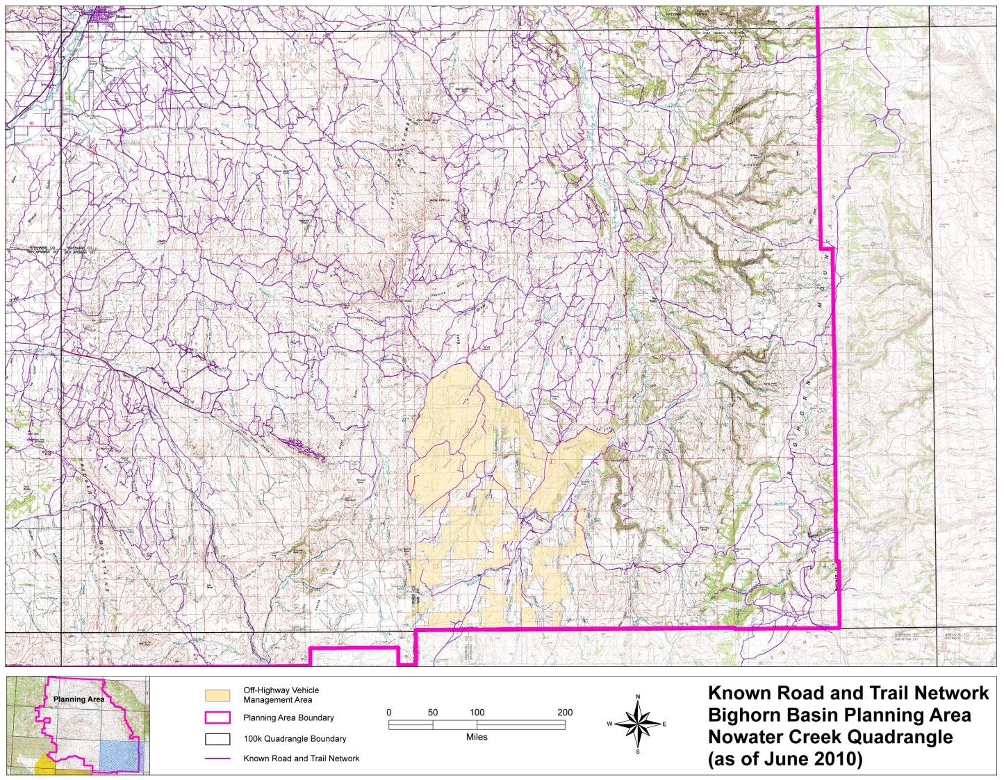 Known Road and Trail Network Bighorn Basin Planning Area, Nowater Creek Quadrangle