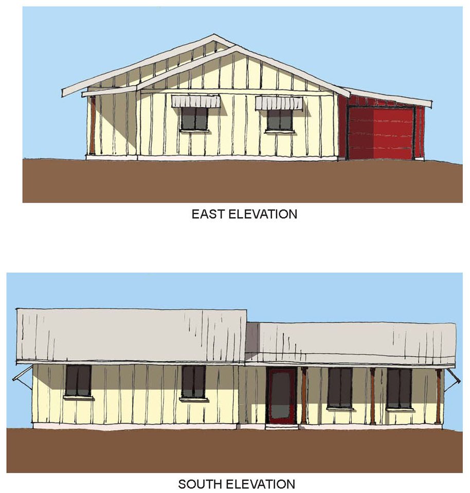 Drawing of the east and south elevation of the caretaker’s and manager’s residences.